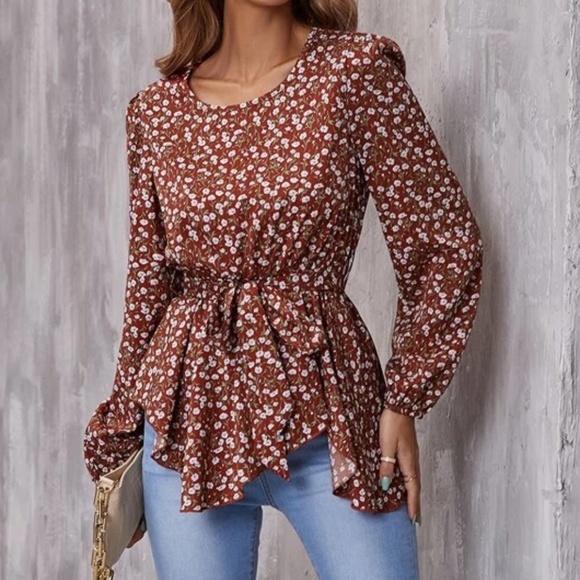 Boho Floral Print Peplum Ruffle Blouse - Picture 3 of 5